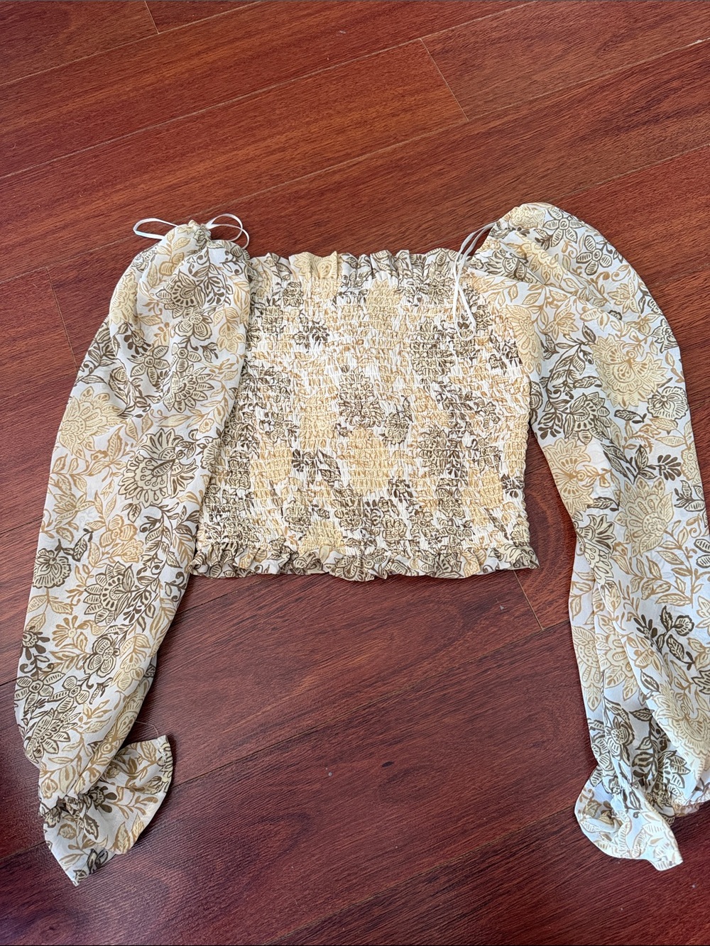 Japna Cream & Gold Floral Smocked Off-Shoulder Crop Blouse